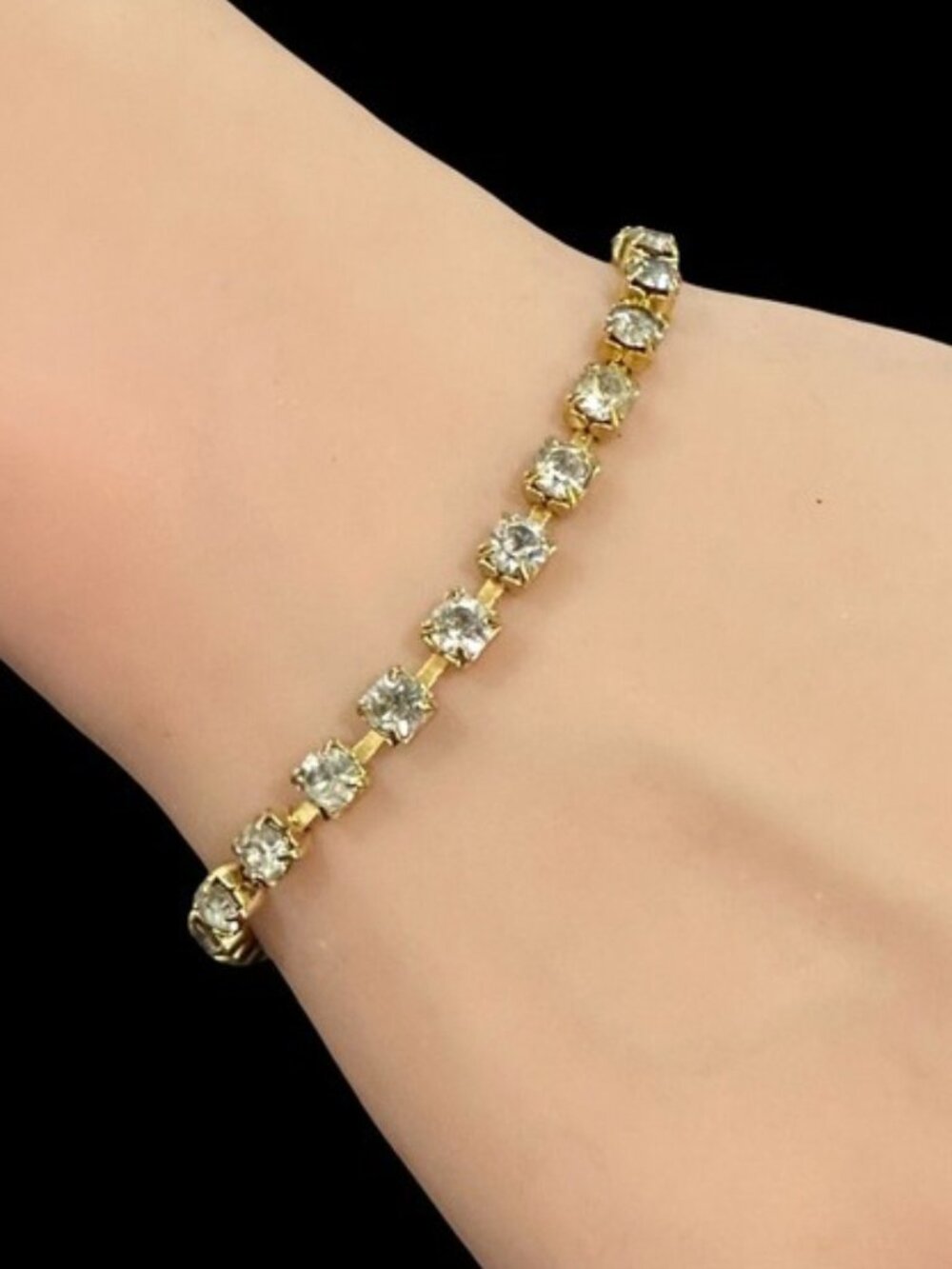 Rhinestone Bracelet Gold Tone Prong Set Special Occasion Prom